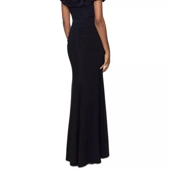 Xscape Black Ruffle Off the Shoulder Scuba Crepe Gown